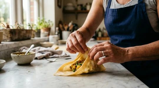 Mains expertes pliant une feuille de brique dorée en triangle parfait avec une farce colorée visible