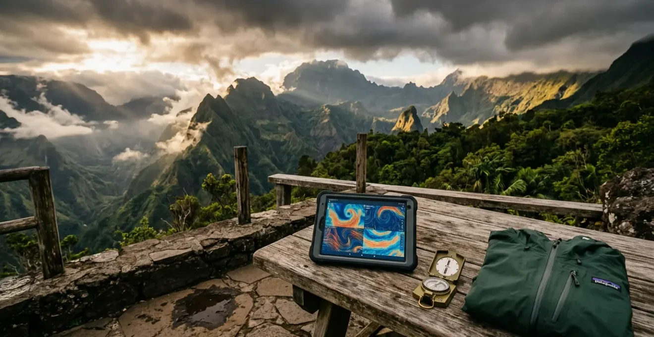 Randonneurs consultants une carte météo sur tablette avec vue sur les montagnes pluvieuses de La Réunion
