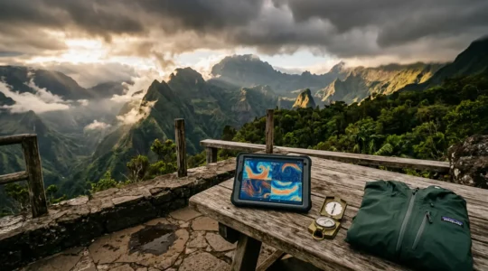 Randonneurs consultants une carte météo sur tablette avec vue sur les montagnes pluvieuses de La Réunion