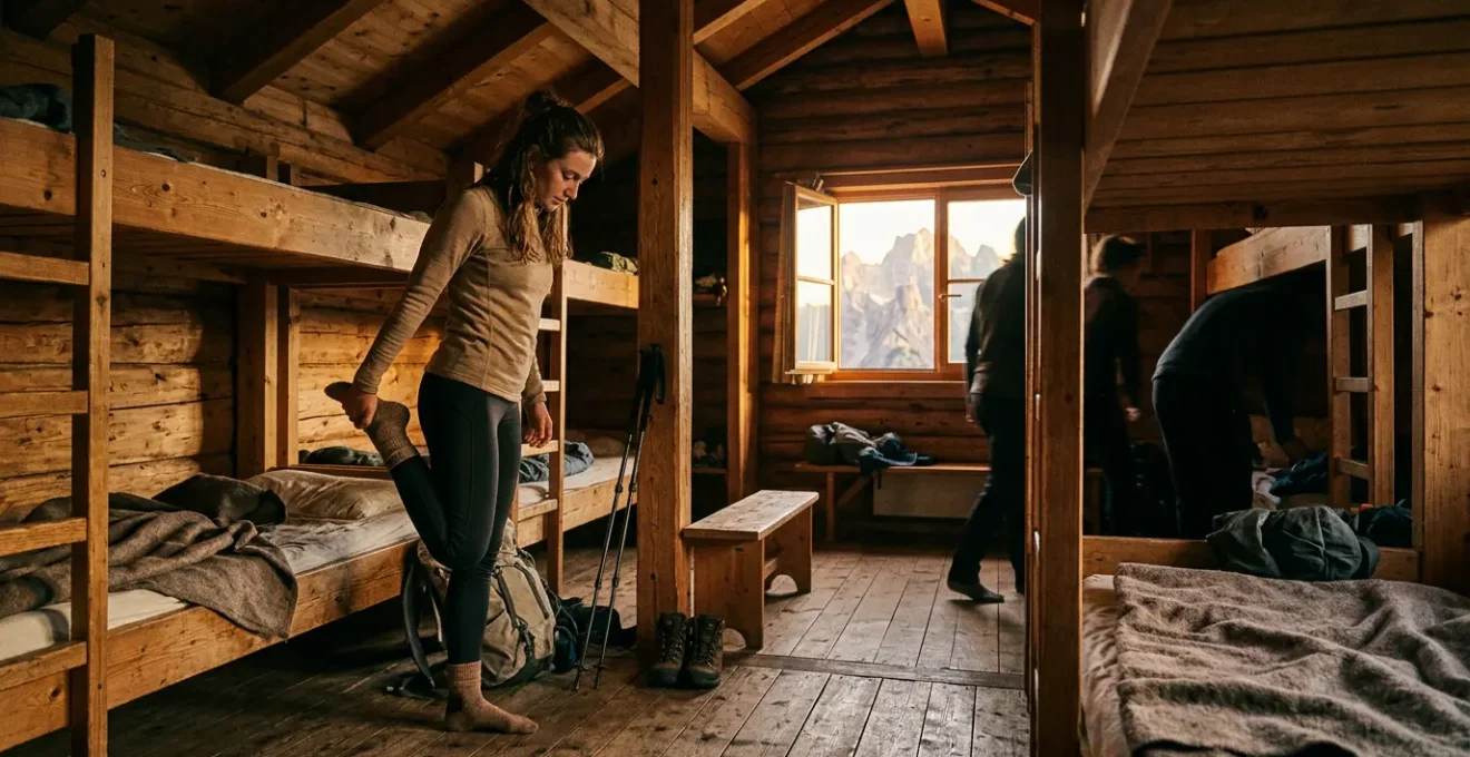 Randonneur pratiquant des étirements dans un refuge de montagne au crépuscule