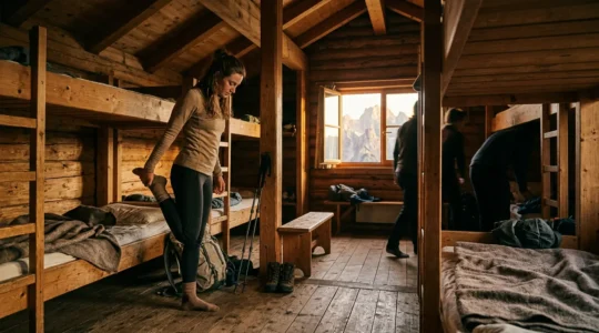 Randonneur pratiquant des étirements dans un refuge de montagne au crépuscule