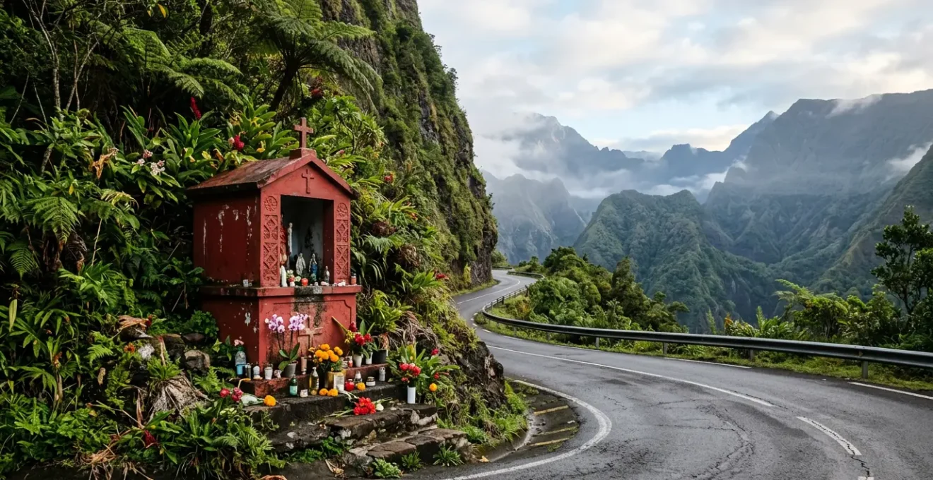 Oratoire rouge de Saint Expédit dans un virage de montagne tropicale à La Réunion avec offrandes et végétation luxuriante