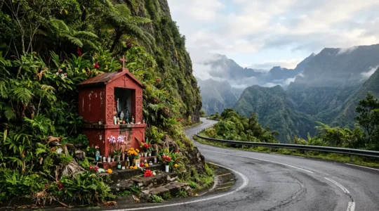 Oratoire rouge de Saint Expédit dans un virage de montagne tropicale à La Réunion avec offrandes et végétation luxuriante