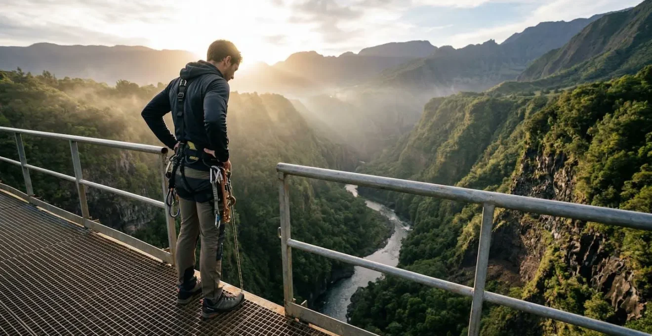 Personne contemplant le vide depuis la plateforme du pont du Bras de la Plaine avant un saut à l'élastique