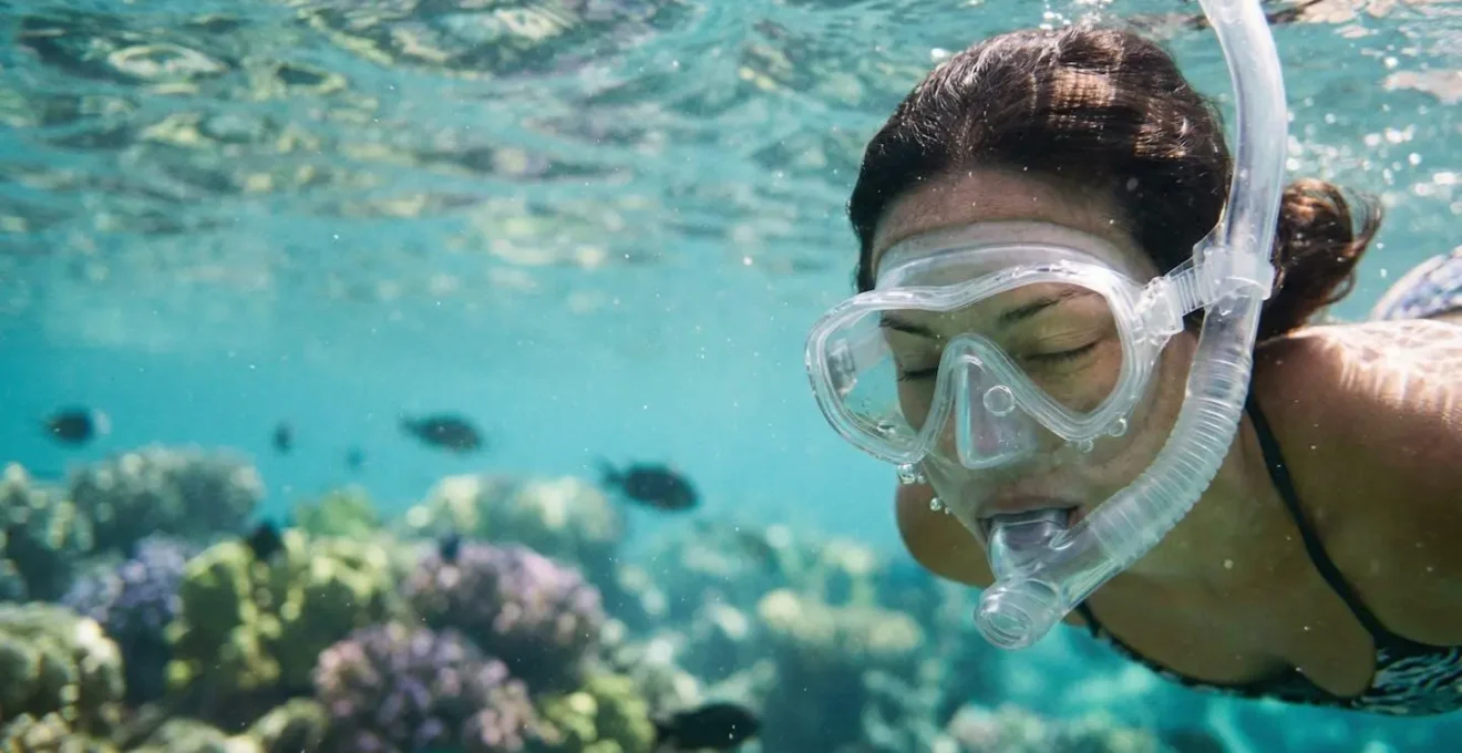 Snorkeler observant les coraux avec un masque parfaitement ajusté dans un lagon tropical