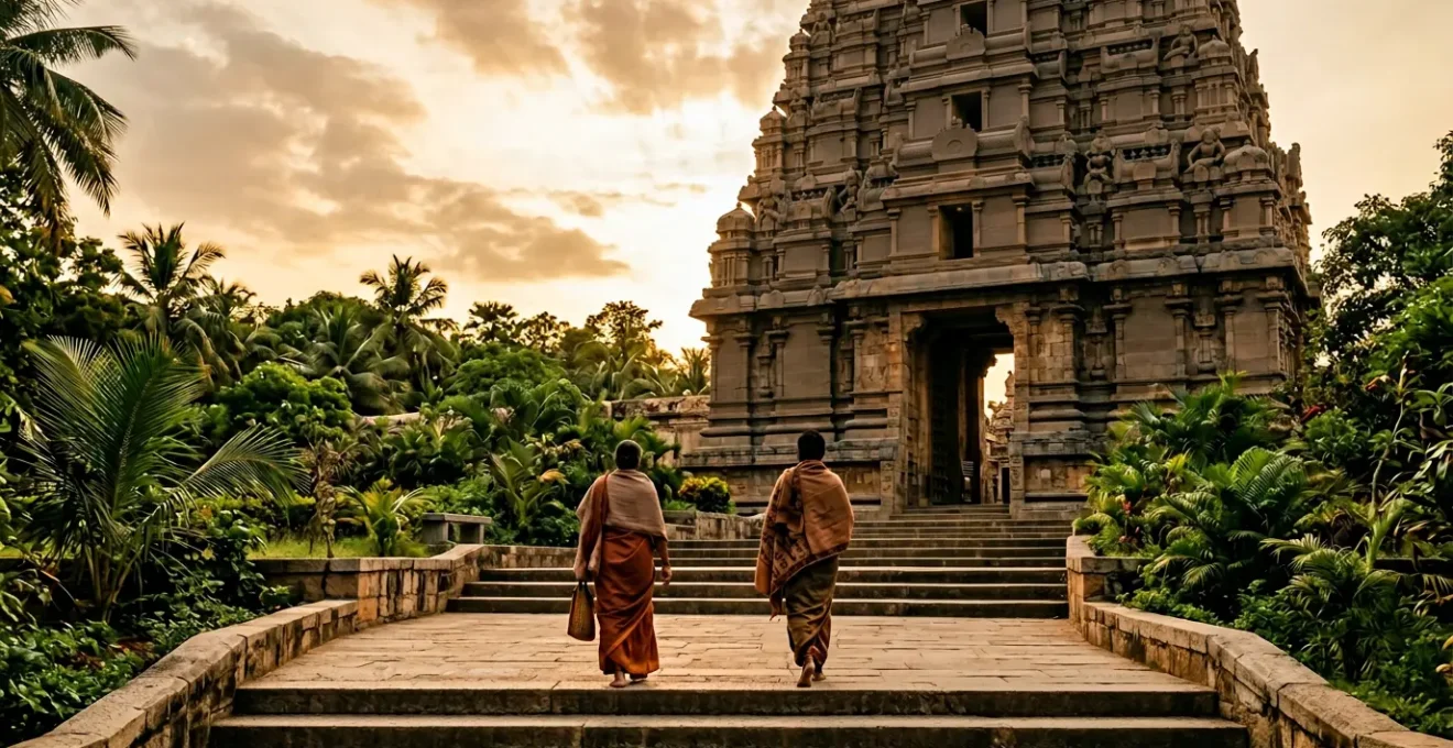 Entrée majestueuse d'un temple hindou avec visiteurs en tenue respectueuse