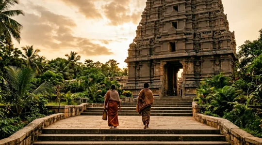 Entrée majestueuse d'un temple hindou avec visiteurs en tenue respectueuse