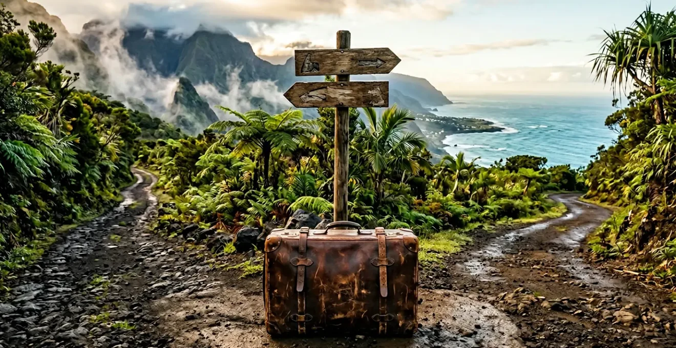 Valise posée à un carrefour avec panneaux directionnels indiquant les différentes régions de La Réunion entre montagnes verdoyantes et océan