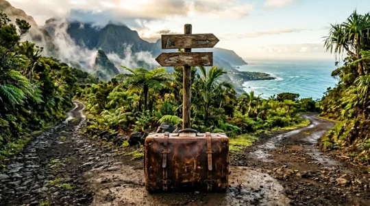 Valise posée à un carrefour avec panneaux directionnels indiquant les différentes régions de La Réunion entre montagnes verdoyantes et océan