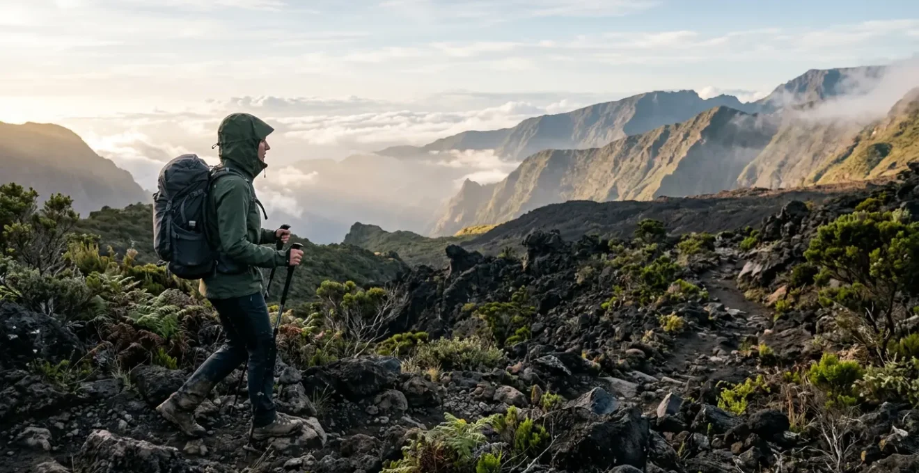 Randonneur équipé d'une veste imper-respirante face aux conditions climatiques extrêmes de La Réunion