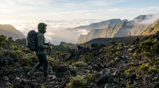 Randonneur équipé d'une veste imper-respirante face aux conditions climatiques extrêmes de La Réunion