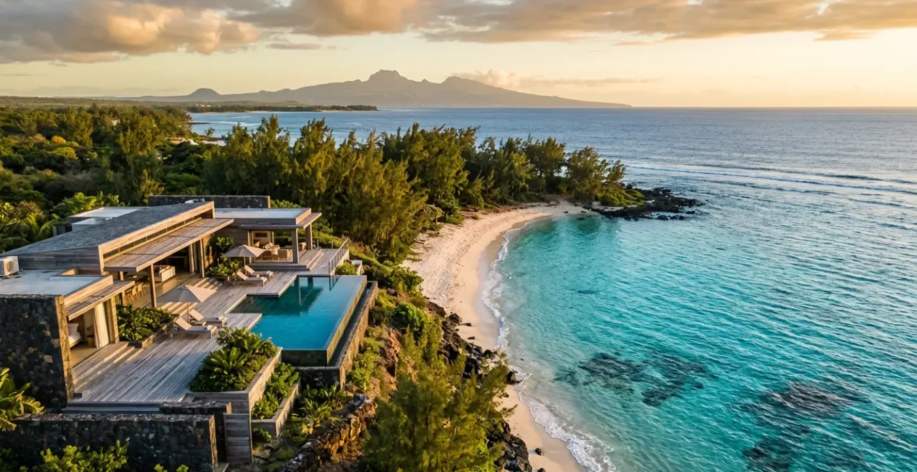 Villa contemporaine avec piscine surplombant un lagon turquoise et une plage de sable blanc bordée de filaos à La Réunion, vue au coucher de soleil
