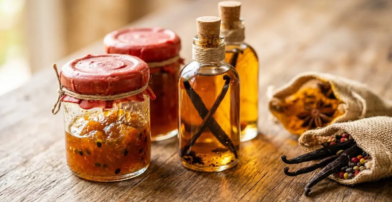 Étal de produits transformés autorisés à l'export : confitures artisanales, rhums arrangés et épices en sachets