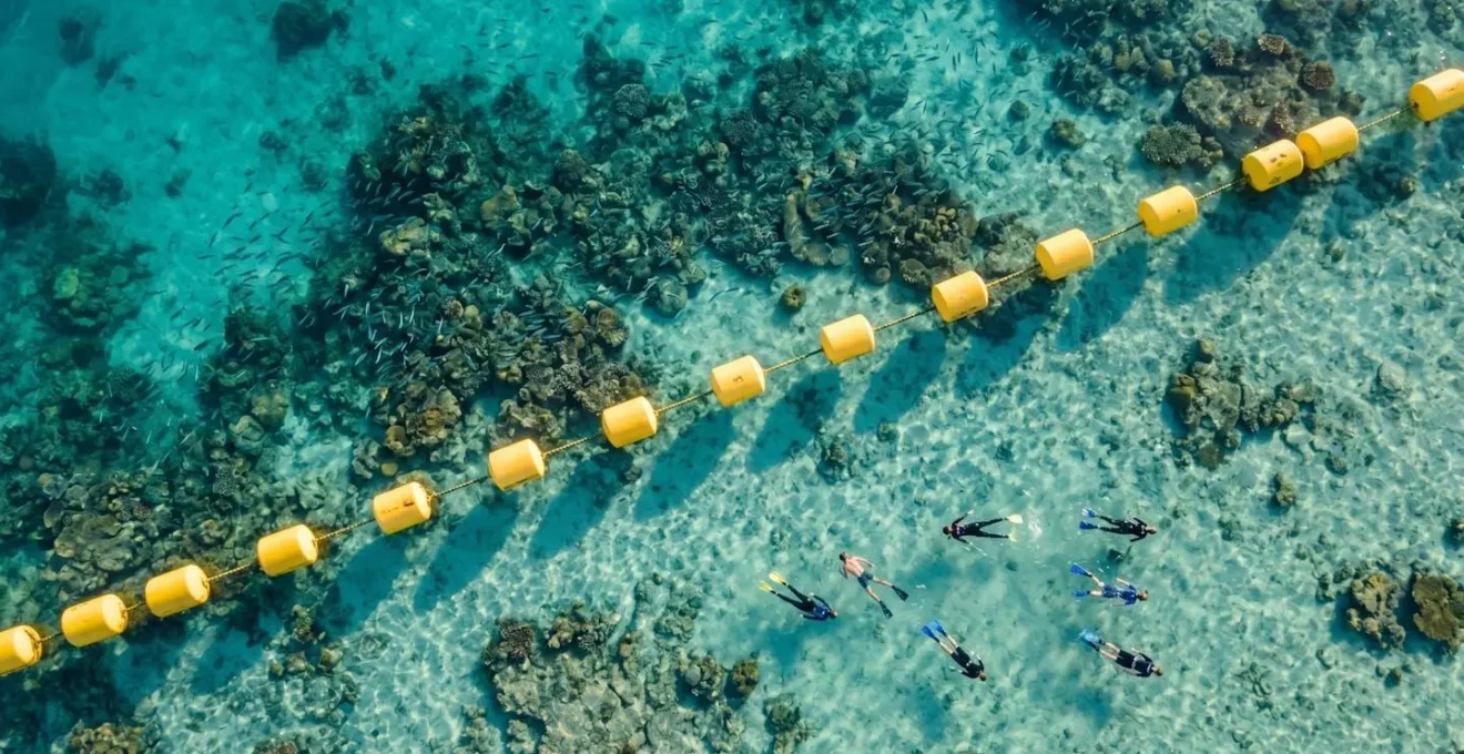 Vue aérienne des balises jaunes délimitant la zone sanctuaire dans le lagon turquoise