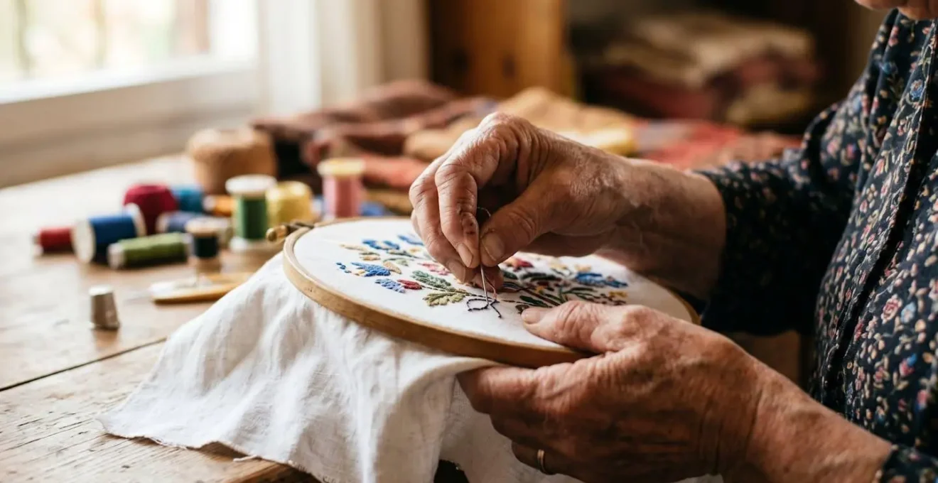 Mains de brodeuse travaillant sur un motif traditionnel de Cilaos
