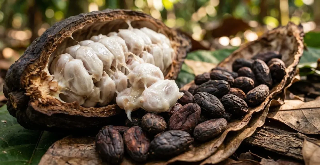 Cabosses de cacao ouvertes montrant les fèves fraîches sur plantation réunionnaise