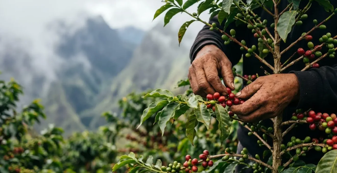 Récolte manuelle des cerises de café Bourbon Pointu dans les hauts de La Réunion
