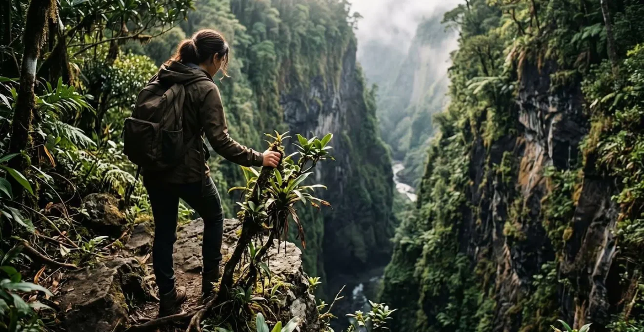 Vue aérienne d'un canyon encaissé montrant les parois volcaniques verticales et un randonneur observant depuis le bord