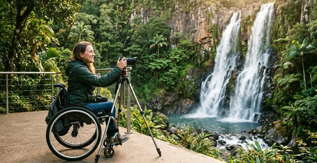 Vue panoramique de la cascade Niagara à La Réunion avec son esplanade accessible en fauteuil roulant