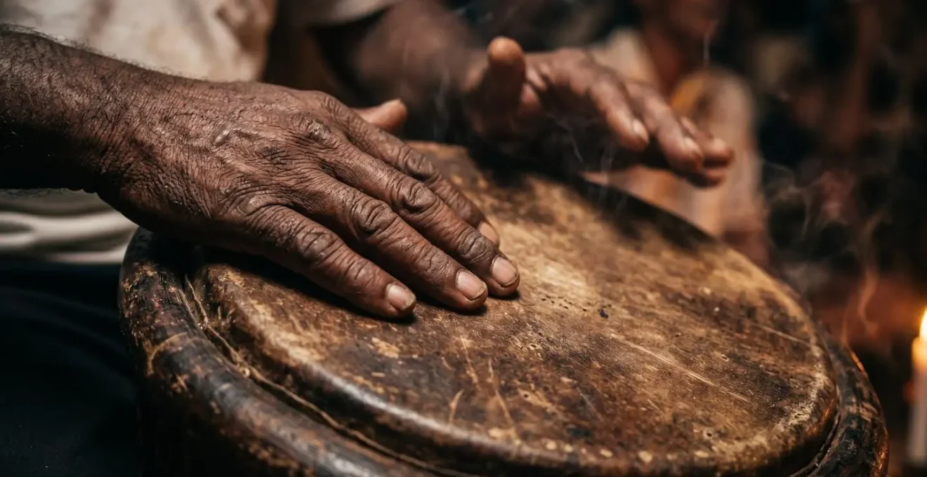 Cérémonie spirituelle intimiste avec percussionniste jouant du roulèr dans une atmosphère enfumée d'encens