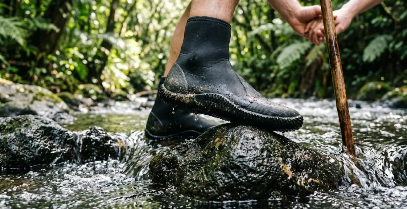 Chaussons néoprène à semelle renforcée sur rochers humides en rivière