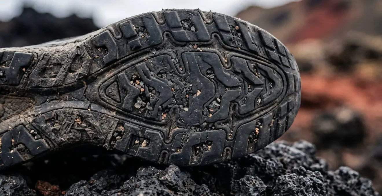 Gros plan sur semelles de chaussures de trail montrant l'usure caractéristique de la roche volcanique