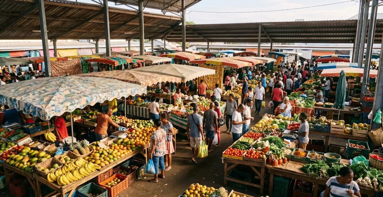 Vue aérienne d'un marché animé avec diversité de personnes, étals colorés de fruits tropicaux