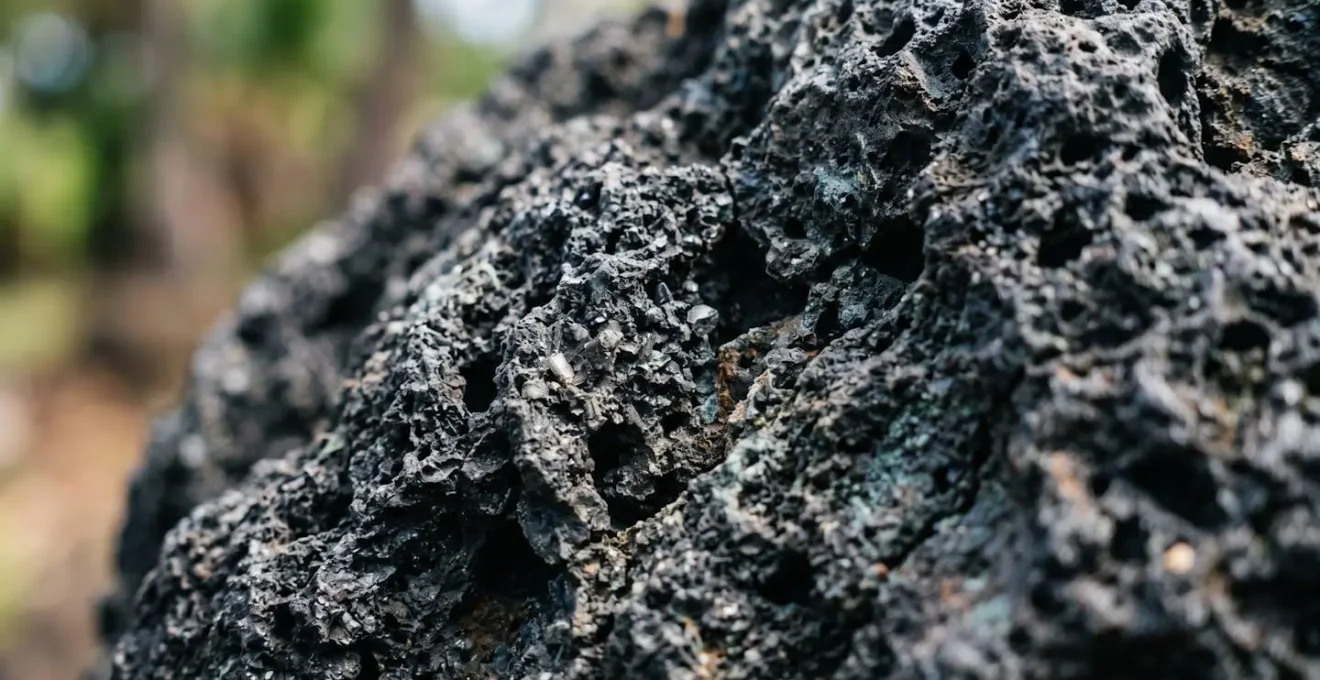 Détail macro d'une texture de basalte volcanique de La Réunion