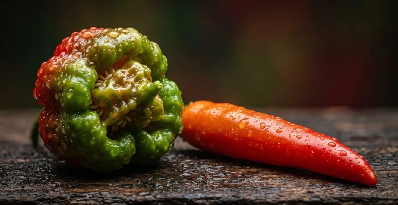 Gros plan sur piments cabri et oiseau montrant leurs textures et couleurs distinctes