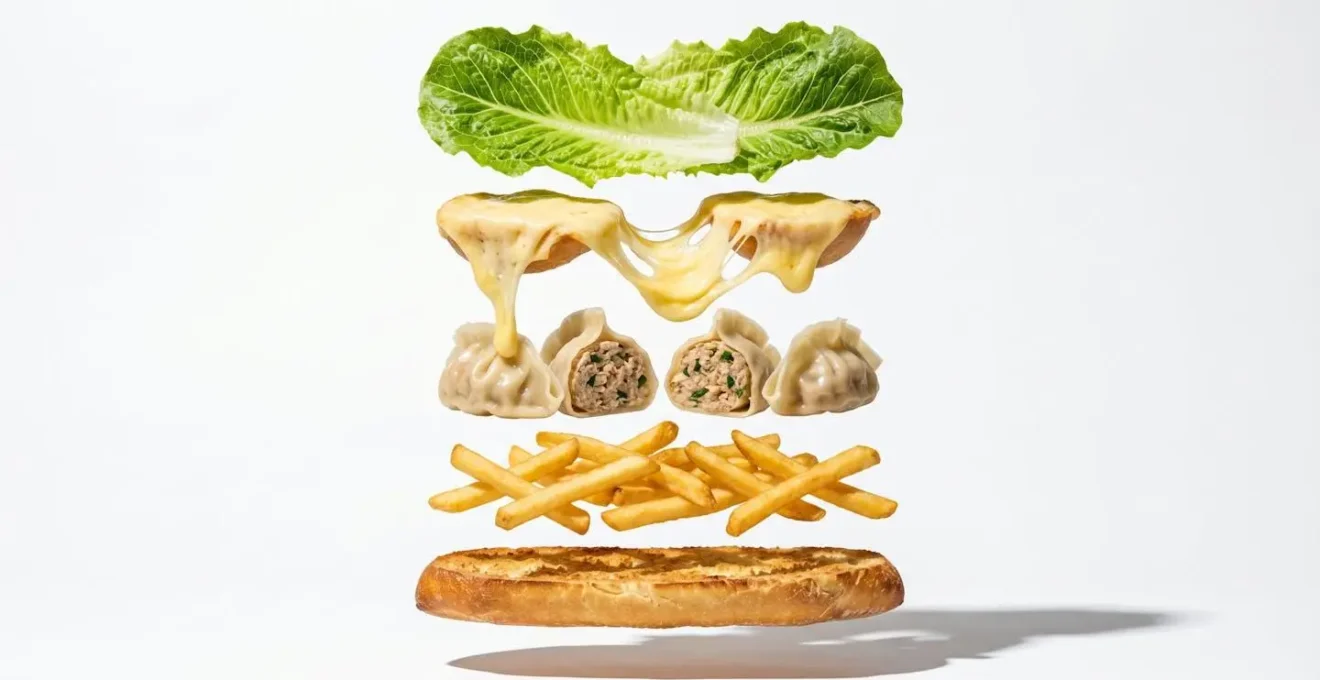 Vue éclatée des ingrédients d'un sandwich américain bouchons disposés en couches