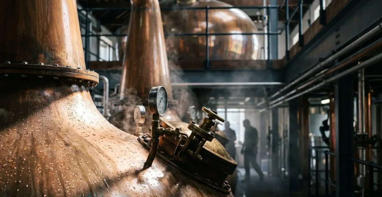 Intérieur de distillerie avec alambics en cuivre et vapeur s'échappant lors de la production de rhum