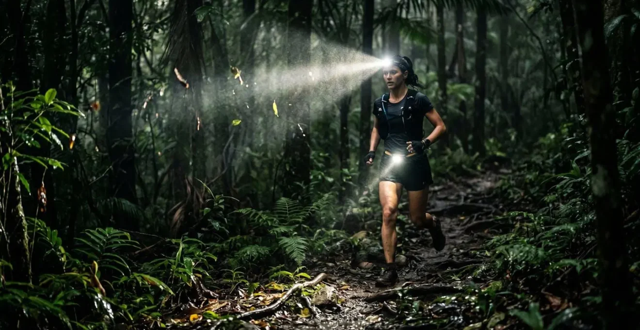 Configuration d'éclairage double avec frontale et lampe de ceinture dans la forêt dense de nuit