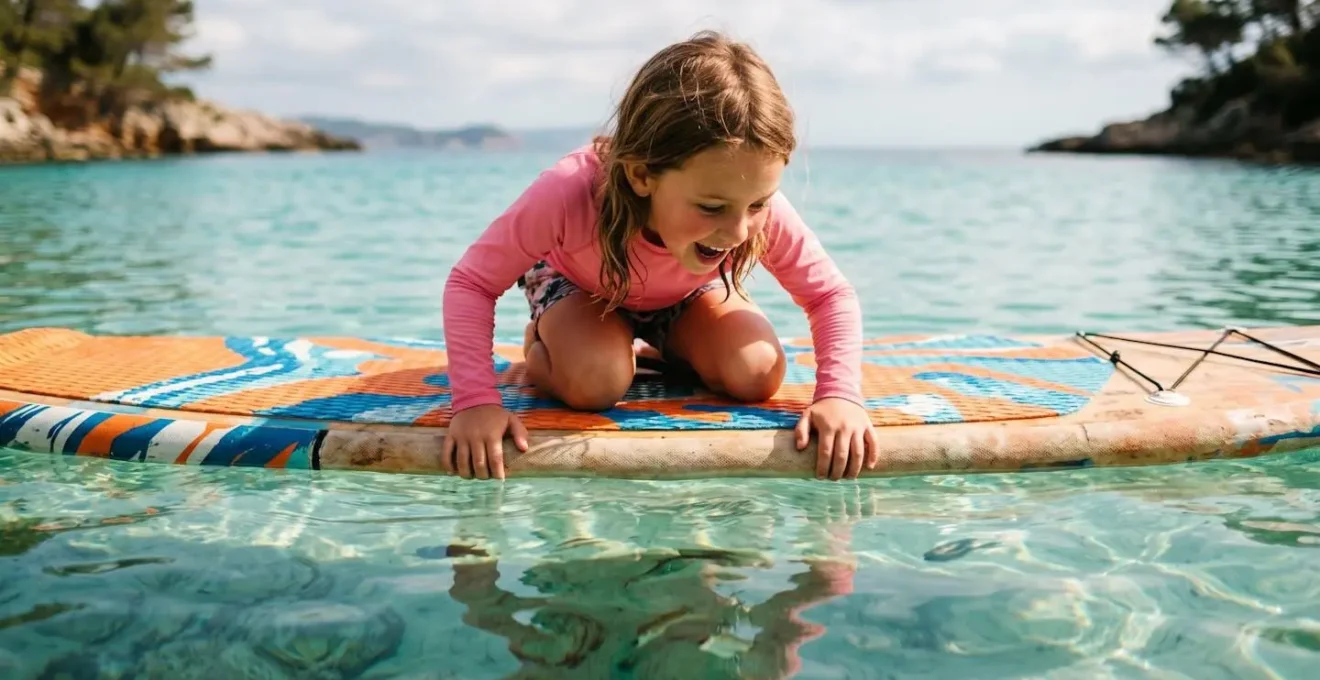 Enfant à genoux sur un paddle board regardant des poissons tropicaux dans une eau transparente