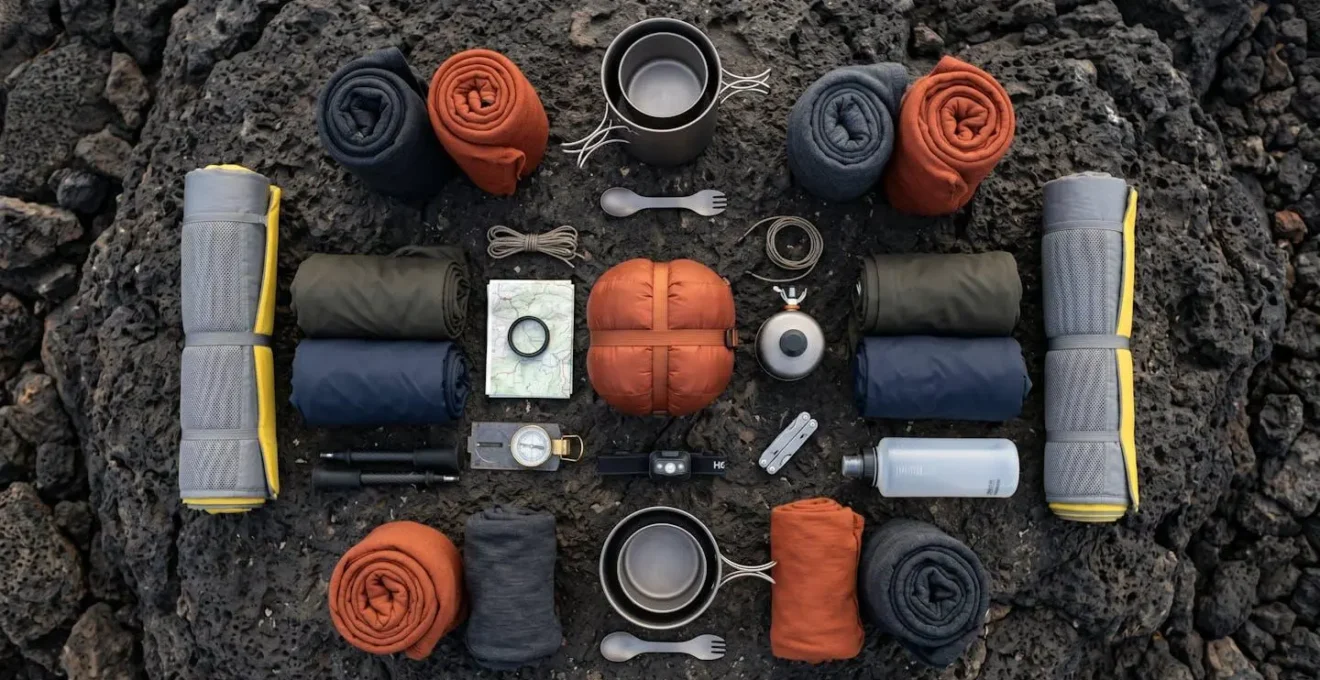 Organisation minimaliste d'équipement de trek ultraléger sur surface rocheuse