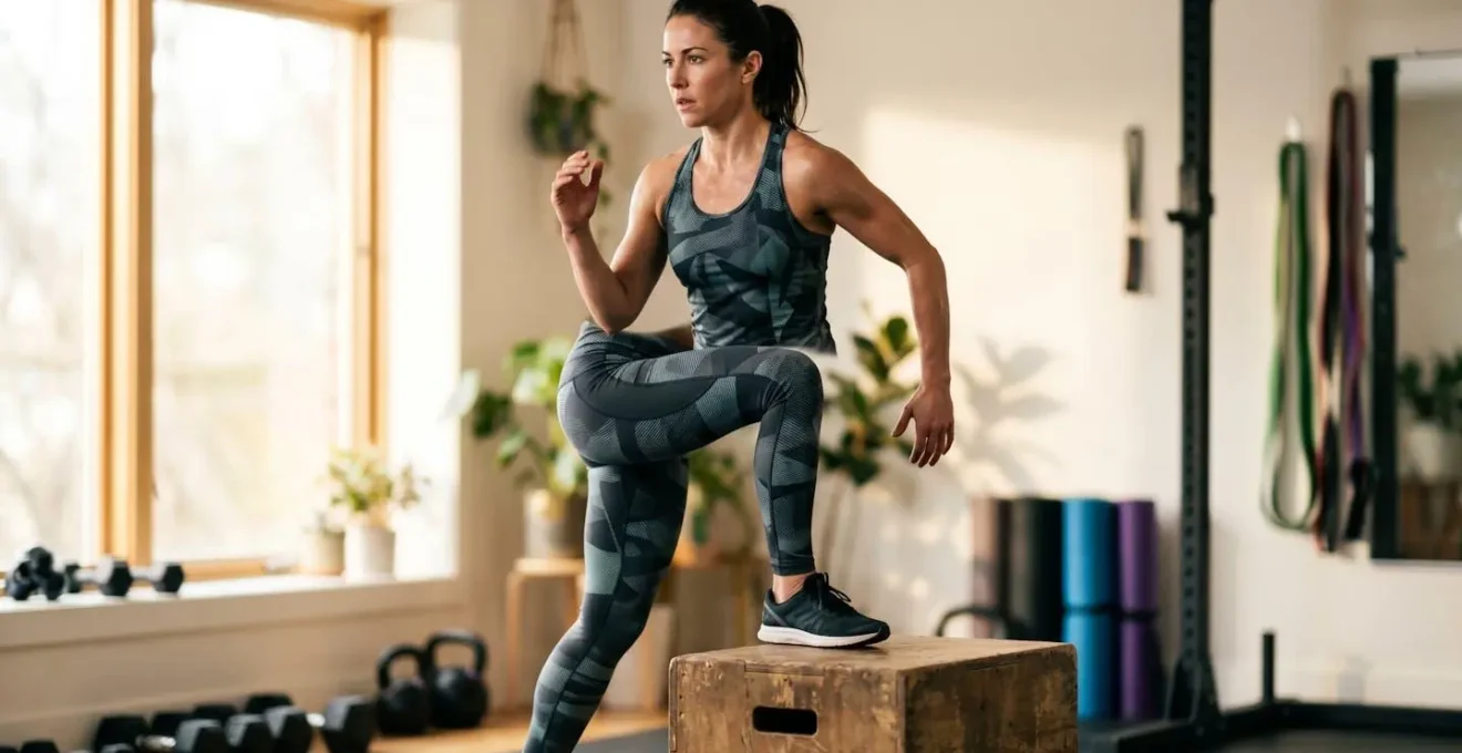 Personne effectuant un exercice de step-up sur une boîte haute pour l'entraînement