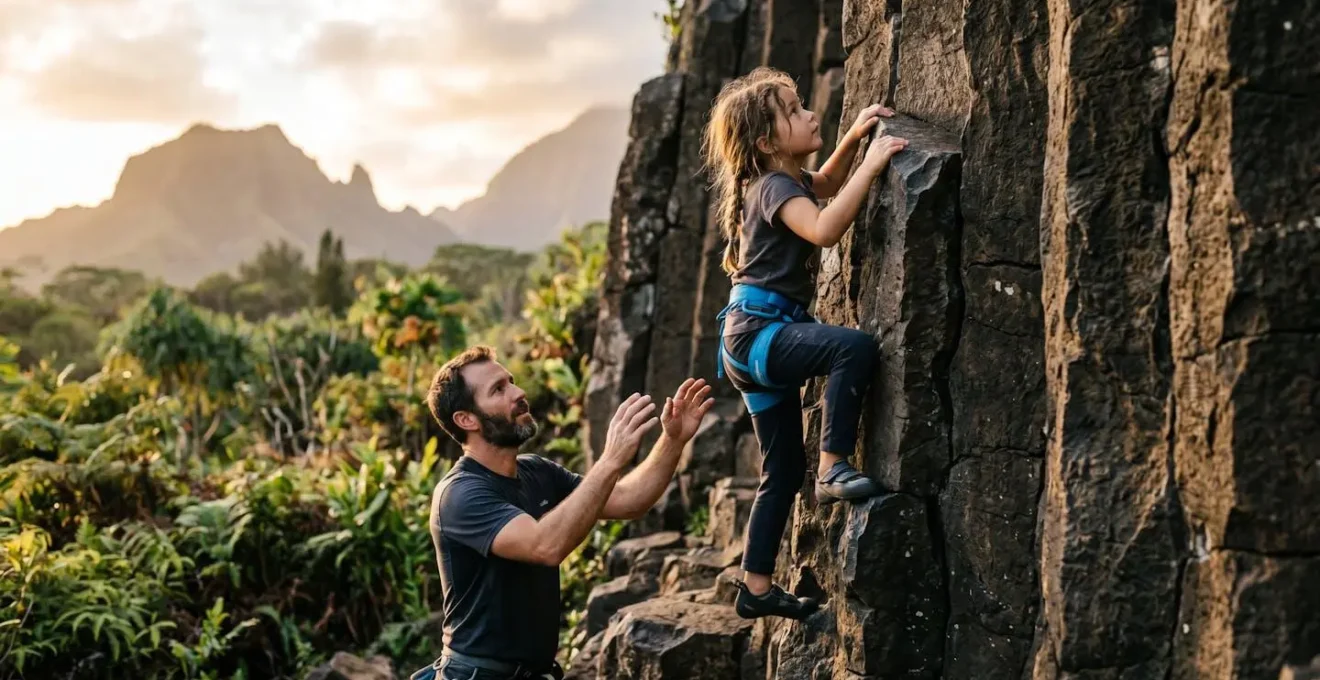 Famille pratiquant l'escalade sur les roches basaltiques sculptées du site de l'Ouaki