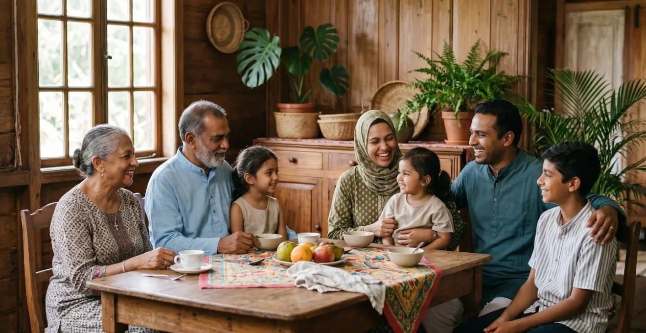 Portrait de famille réunionnaise métissée dans un intérieur créole traditionnel