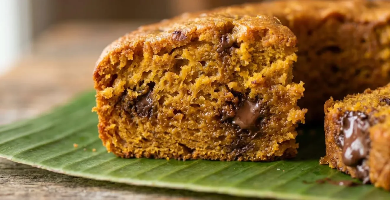 Gâteau patate douce réunionnais en coupe montrant texture moelleuse et pépites chocolat