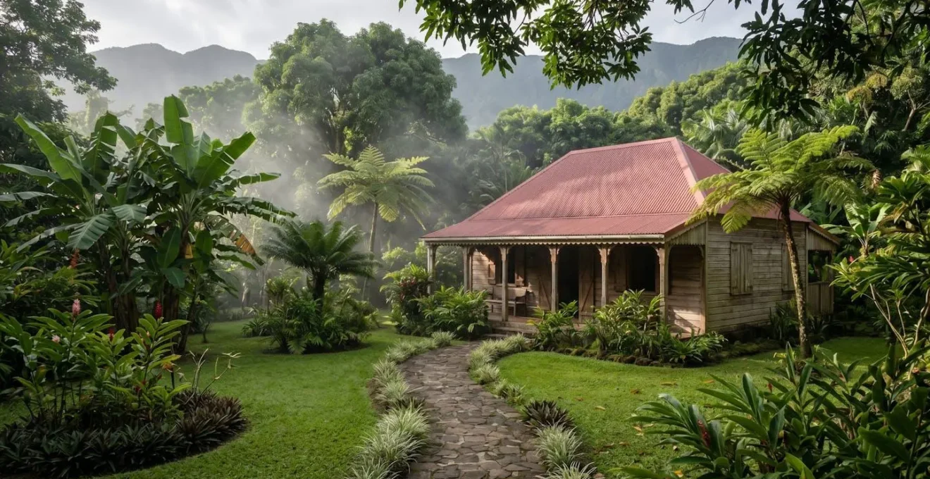 Gîte créole traditionnel isolé dans un jardin tropical luxuriant avec varangue ombragée