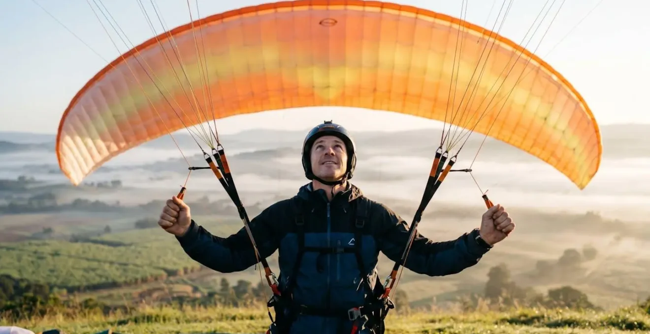Parapentiste préparant son aile face au vent lors d'un gonflage matinal aux Colimaçons