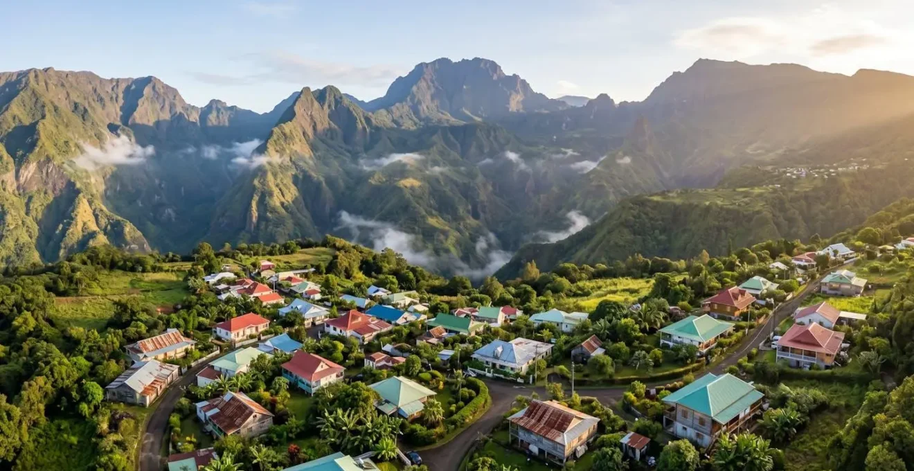 Village de Hell-Bourg baigné dans la lumière dorée du matin avec ses cases créoles colorées avant l'arrivée des nuages