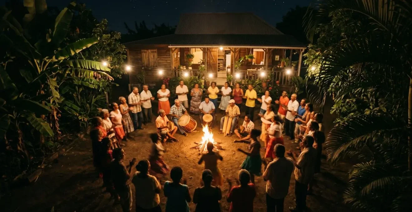 Vue large d'un kabar familial nocturne dans une cour créole avec musiciens et danseurs
