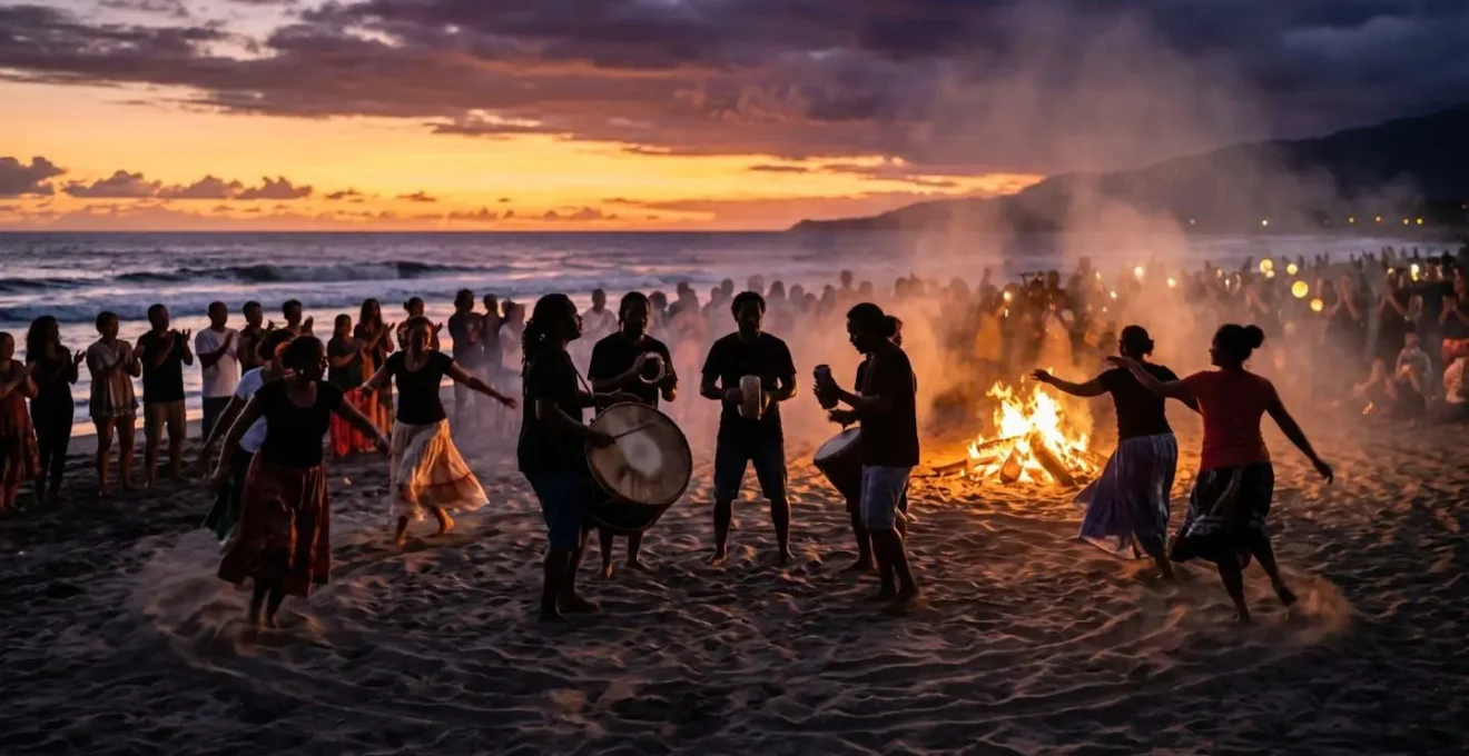 Rassemblement festif du 20 décembre avec musiciens de maloya et danseurs sur une plage réunionnaise au coucher du soleil