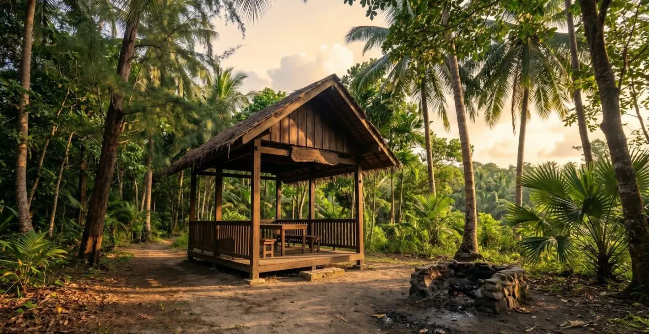 Aire de pique-nique créole propre avec kiosque en bois sous les arbres tropicaux