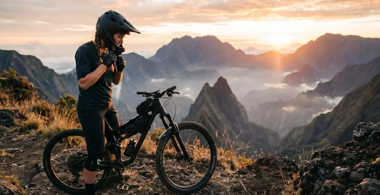 VTTiste préparant son équipement au lever du soleil au sommet du Maïdo avec vue sur le cirque de Mafate