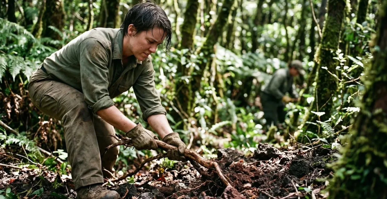 Agents du Parc National arrachant des plantes invasives dans la forêt réunionnaise