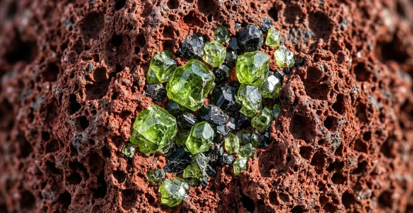 Gros plan sur les scories volcaniques rouges avec cristaux d'olivine verts scintillants