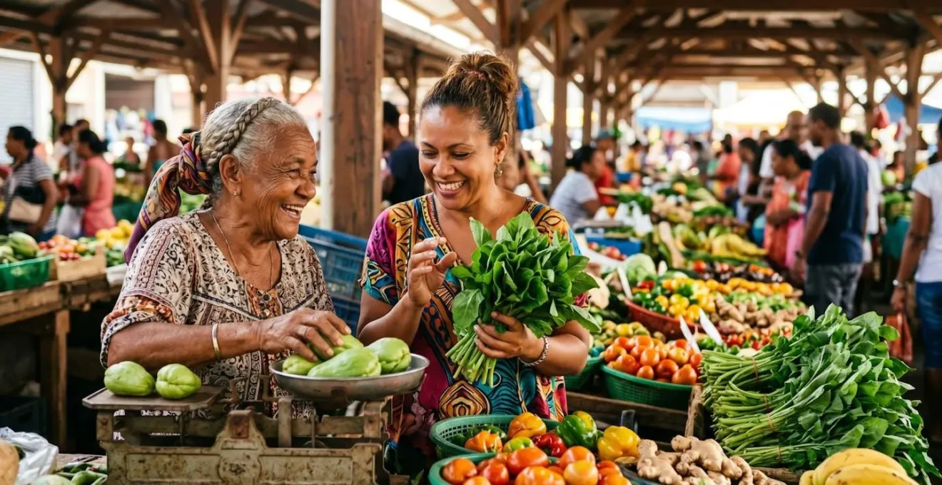 Ambiance matinale au marché du Chaudron avec ses étals de brèdes et d'épices fréquentés par les locaux