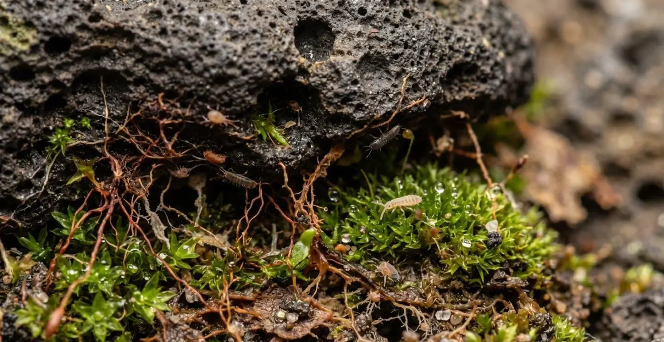 Gros plan sur un micro-habitat sous une pierre avec insectes endémiques et mousses