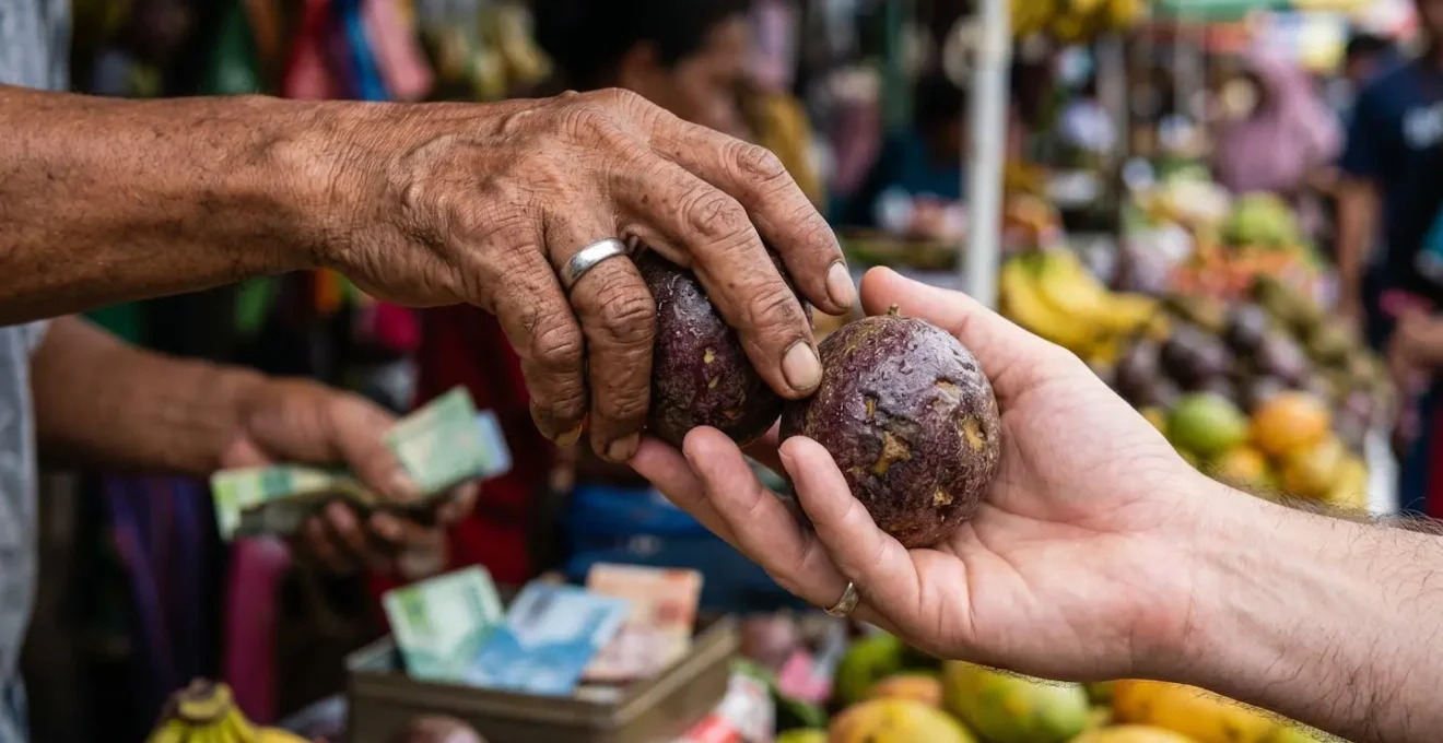 Gros plan sur des mains échangeant des fruits de la passion avec billets en arrière-plan flou